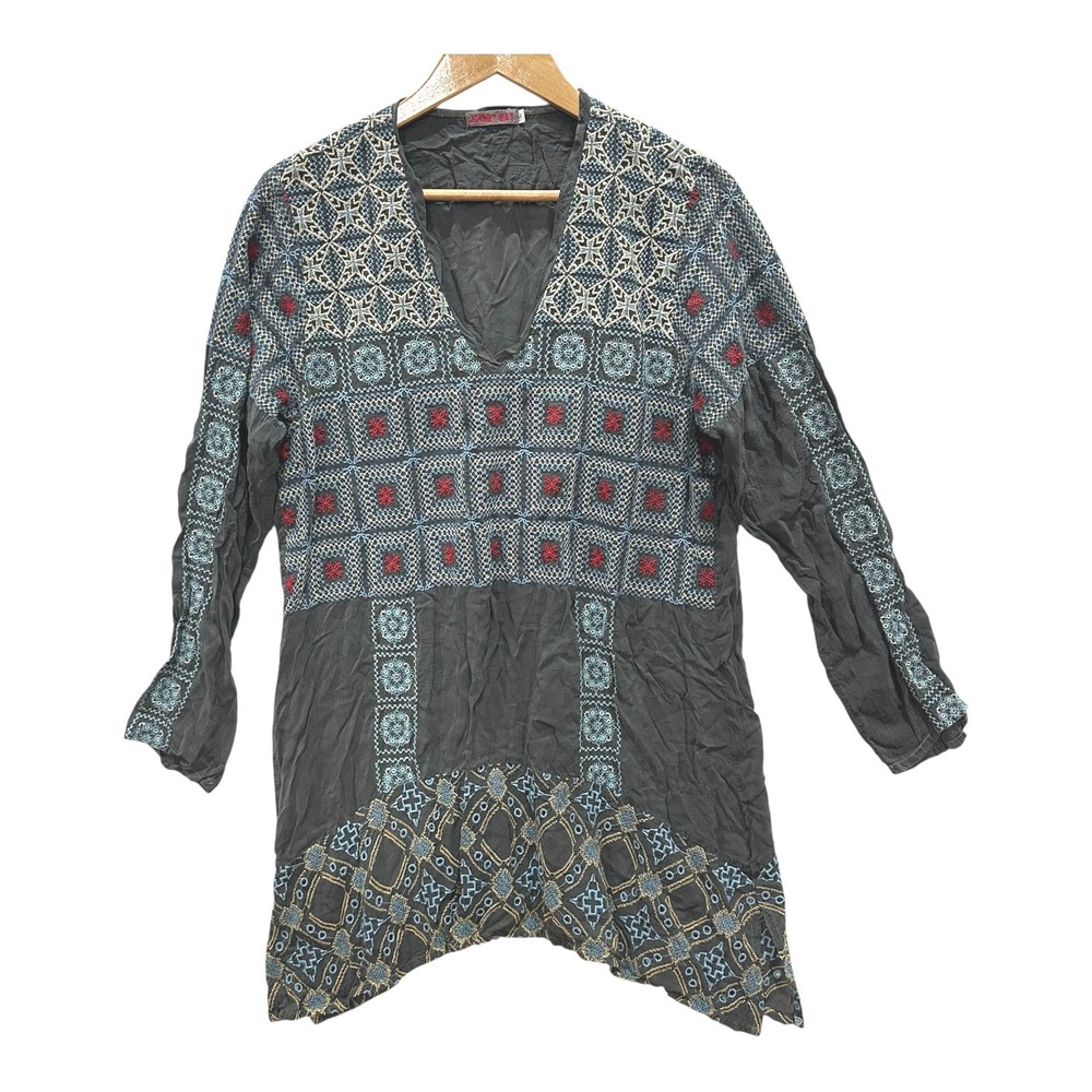 Johnny Was Tunic Women's L Gray Geometric Embroidered Boho Top